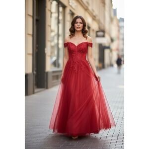 Ever Pretty Red Lace Formal Dress Size 10 Off Shoulder Evening Gown Prom Wedding